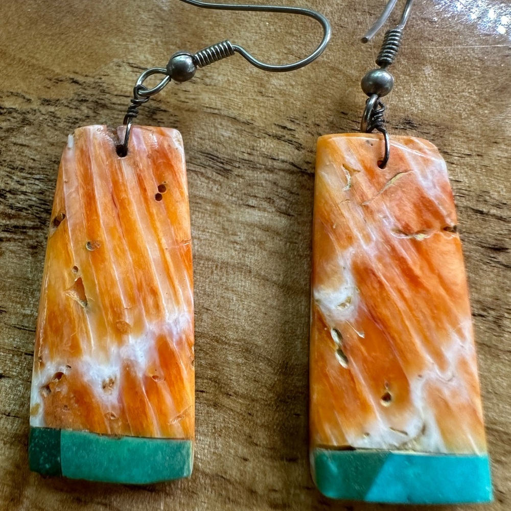 Spiny Oyster Turquoise Earrings Sliced Dangle Drop Hook